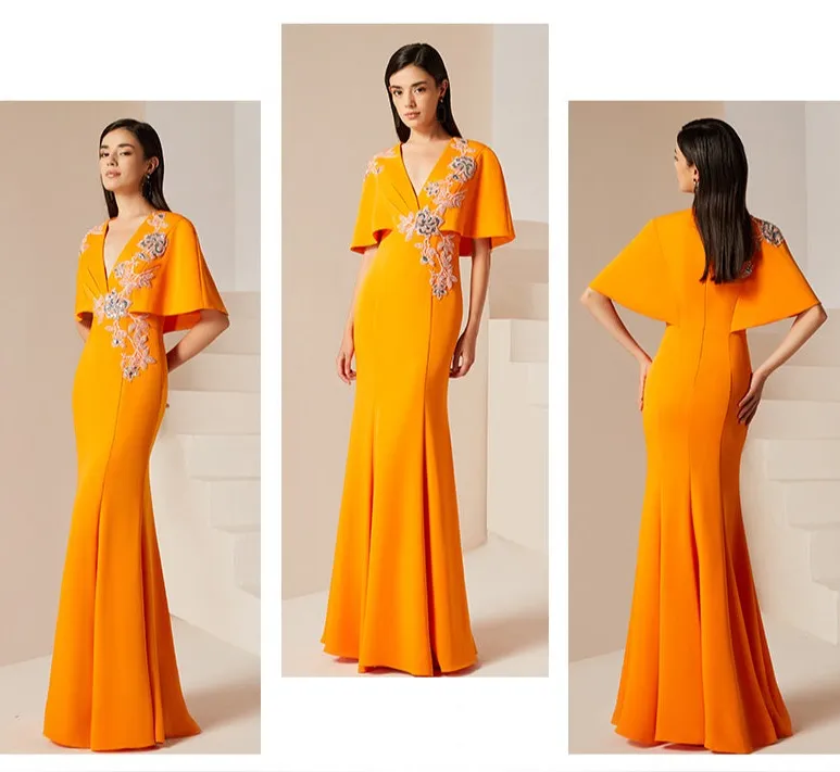 Evening yellow mustard new high-end banquet host dress long fishtail dress long skirt- Juila