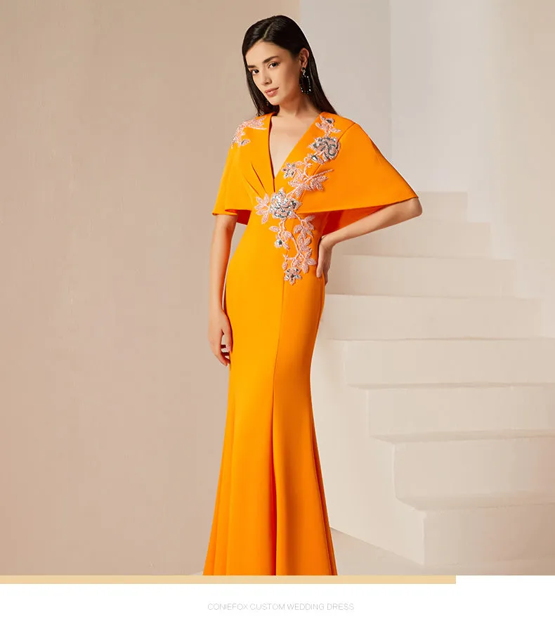 Evening yellow mustard new high-end banquet host dress long fishtail dress long skirt- Juila