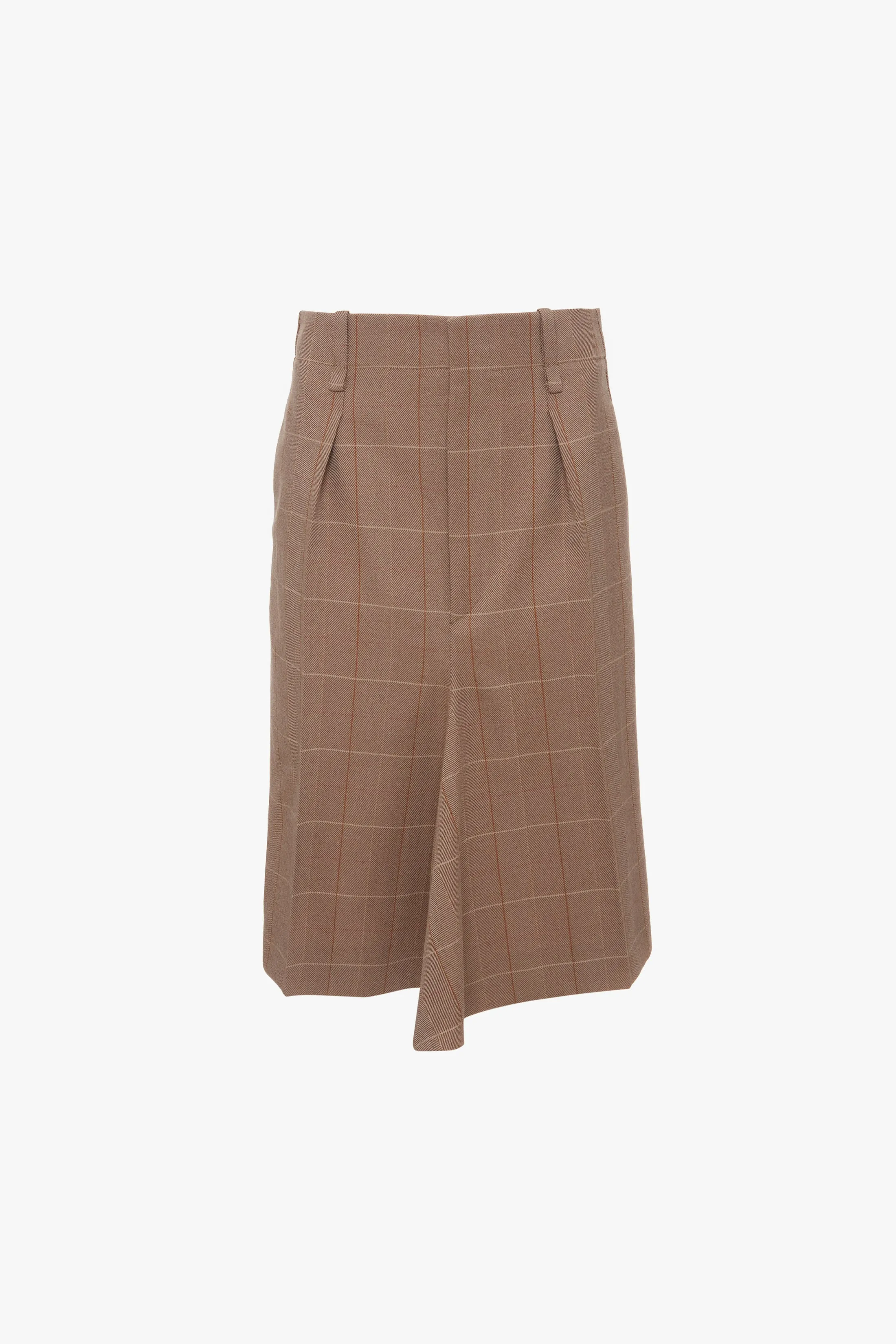 Exclusive Asymmetric Tailored Skirt In Camel-Multi Check