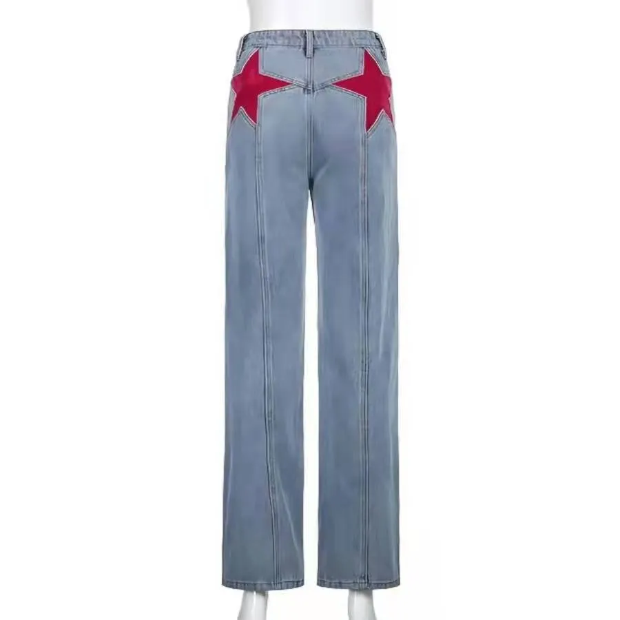 Fashionkova 1980s fashion trends Spring Retro Mid-Waist Back Five-Corner Contrast Color Trousers Casual Denim Flared Pants