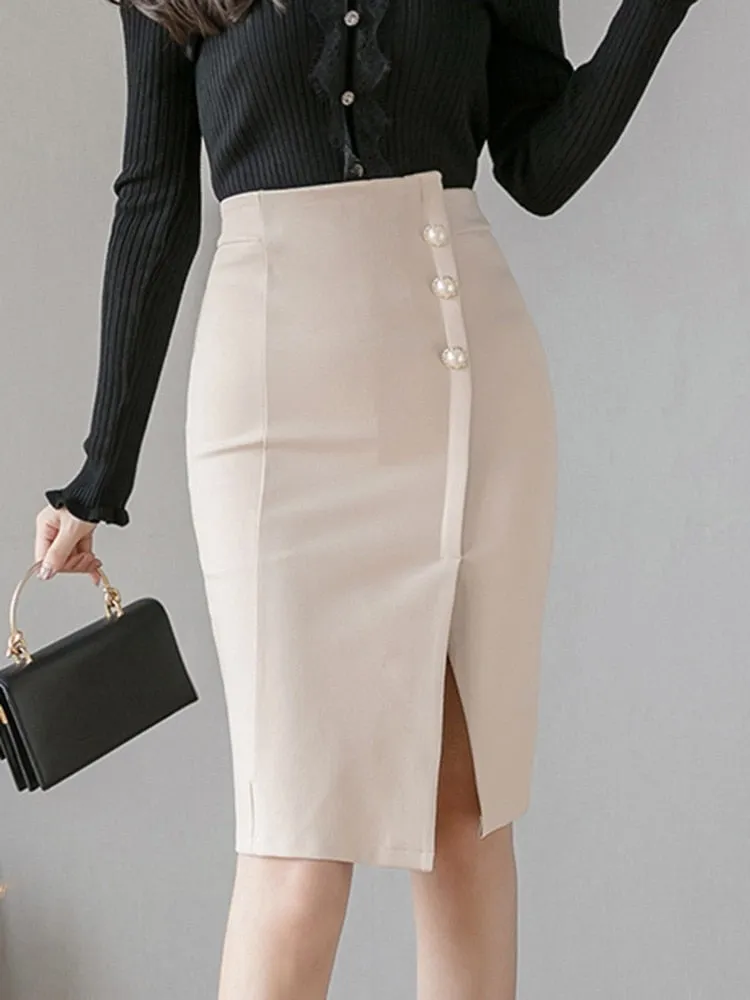 Fashionkova High Waist Pencil Skirts Women New Arrival 2023 Summer Korean Style Solid Color Office Lady Knee-length Elegant Skirt W1351