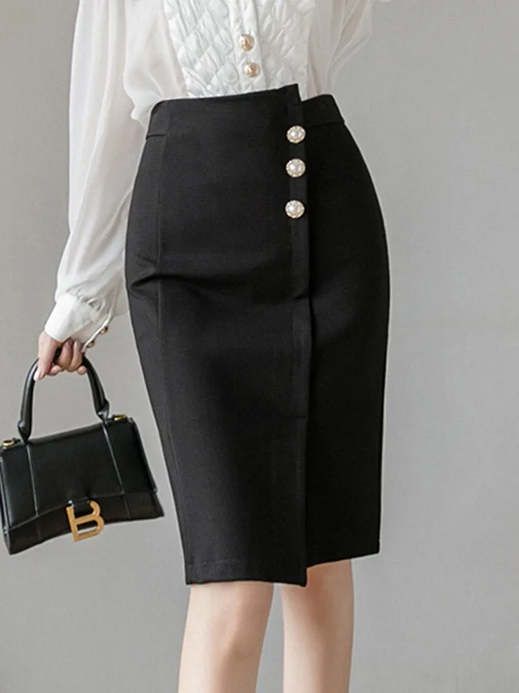 Fashionkova High Waist Pencil Skirts Women New Arrival 2023 Summer Korean Style Solid Color Office Lady Knee-length Elegant Skirt W1351