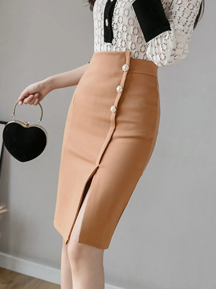 Fashionkova High Waist Pencil Skirts Women New Arrival 2023 Summer Korean Style Solid Color Office Lady Knee-length Elegant Skirt W1351