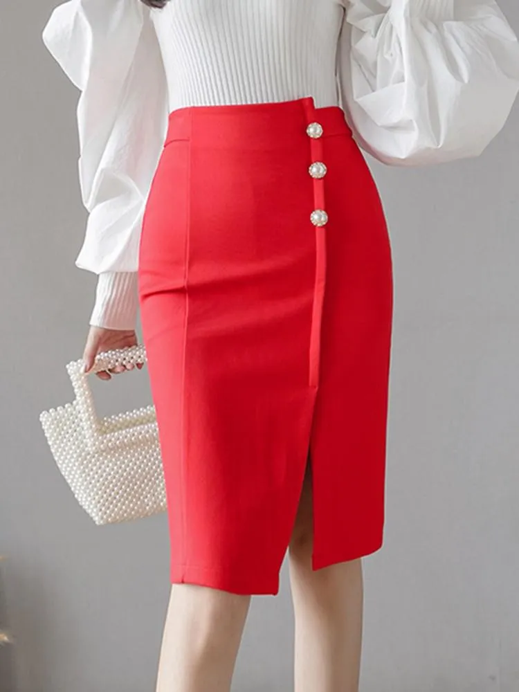 Fashionkova High Waist Pencil Skirts Women New Arrival 2023 Summer Korean Style Solid Color Office Lady Knee-length Elegant Skirt W1351