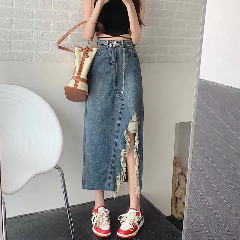 Fashionkova  Y2K Women Vintage Long High Waist Denim Jeans Skirt Female Straight Maxi Midi Knee Length A-Line Pencil Grunge Skirts Clothes