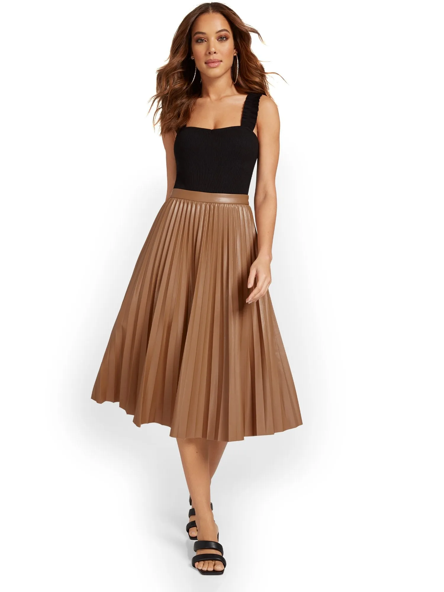 Faux-Leather Pleated Midi Skirt - See And Be Seen