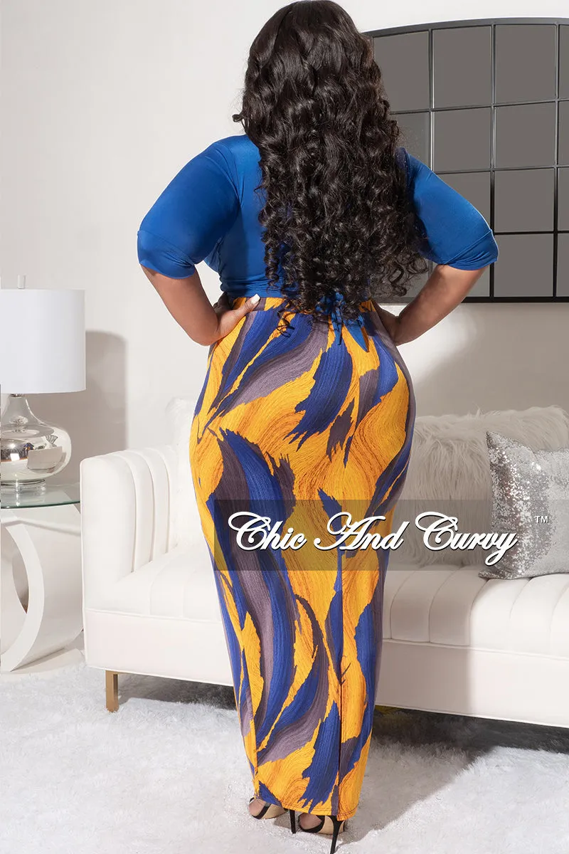 Final Sale Plus Size 2pc Short Sleeve Crop Tie Top and Pencil Skirt in Royal Blue and Mustard Design Print