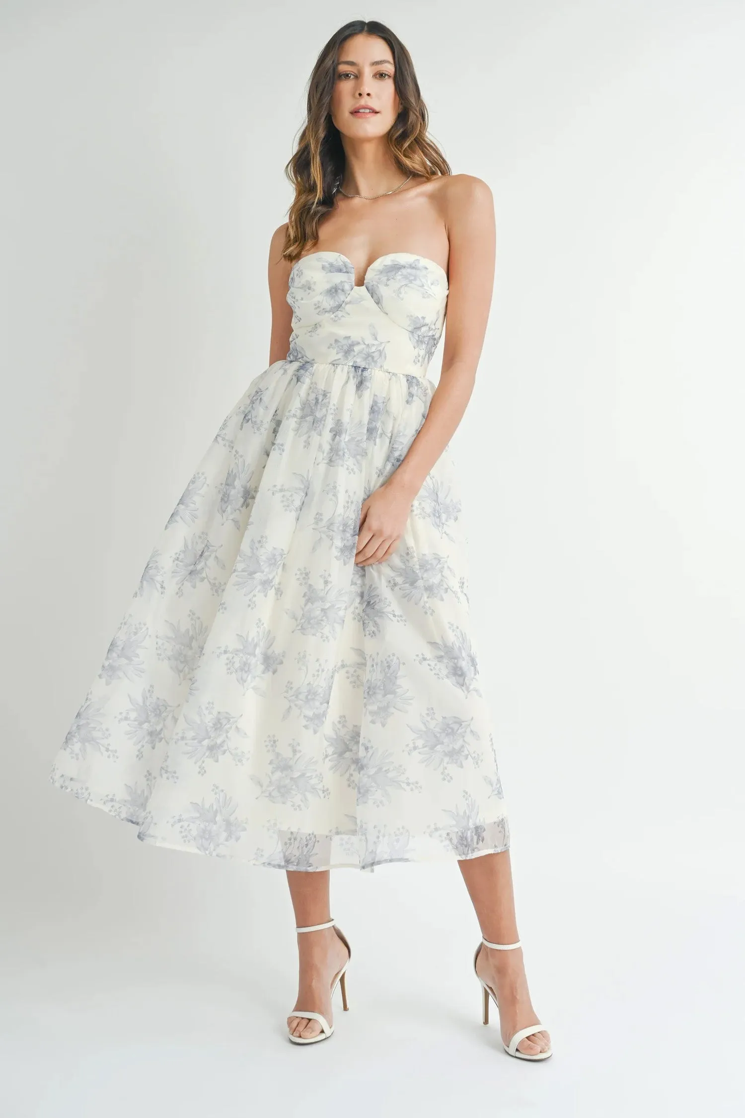 Floral Organza Plunged Strapless Midi Dress