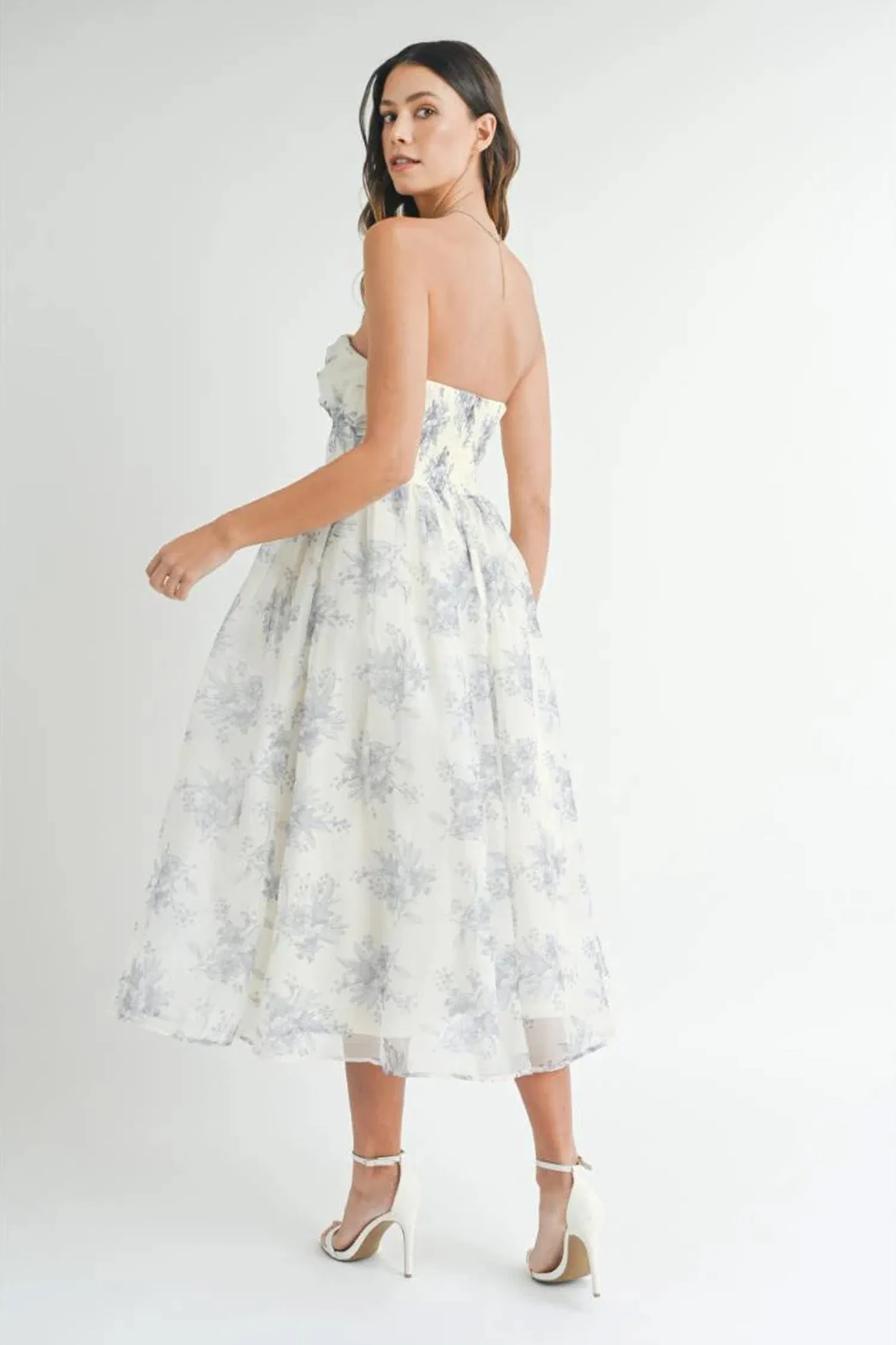 Floral Organza Plunged Strapless Midi Dress