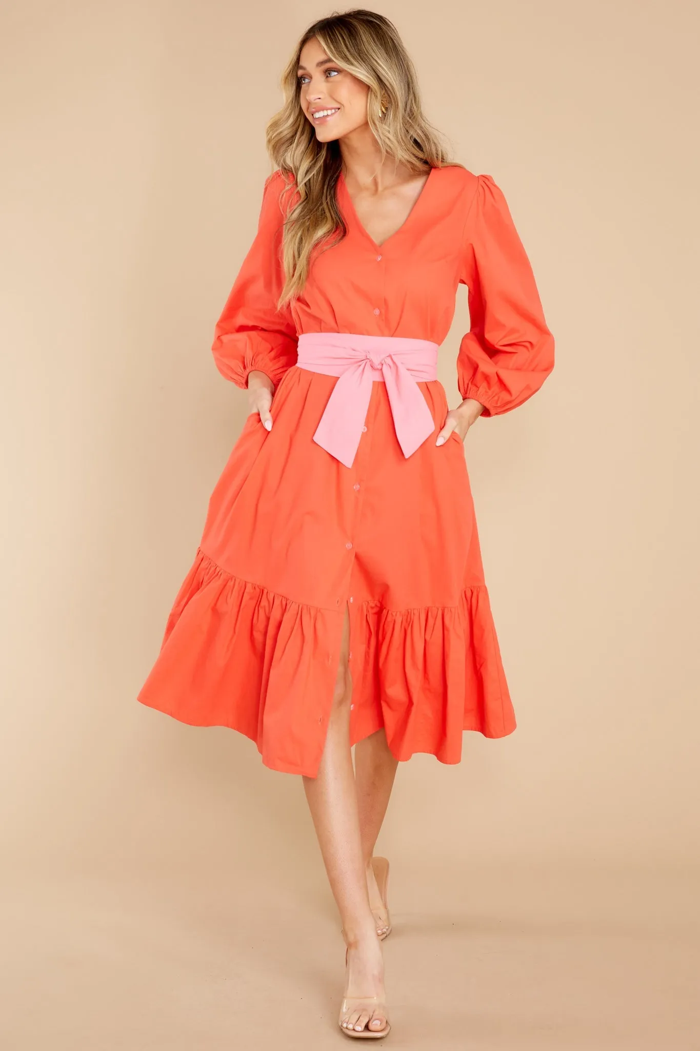 Friend Zone Coral Orange Midi Dress