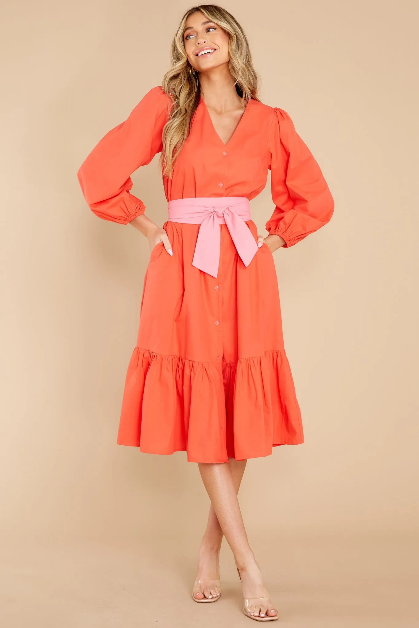 Friend Zone Coral Orange Midi Dress