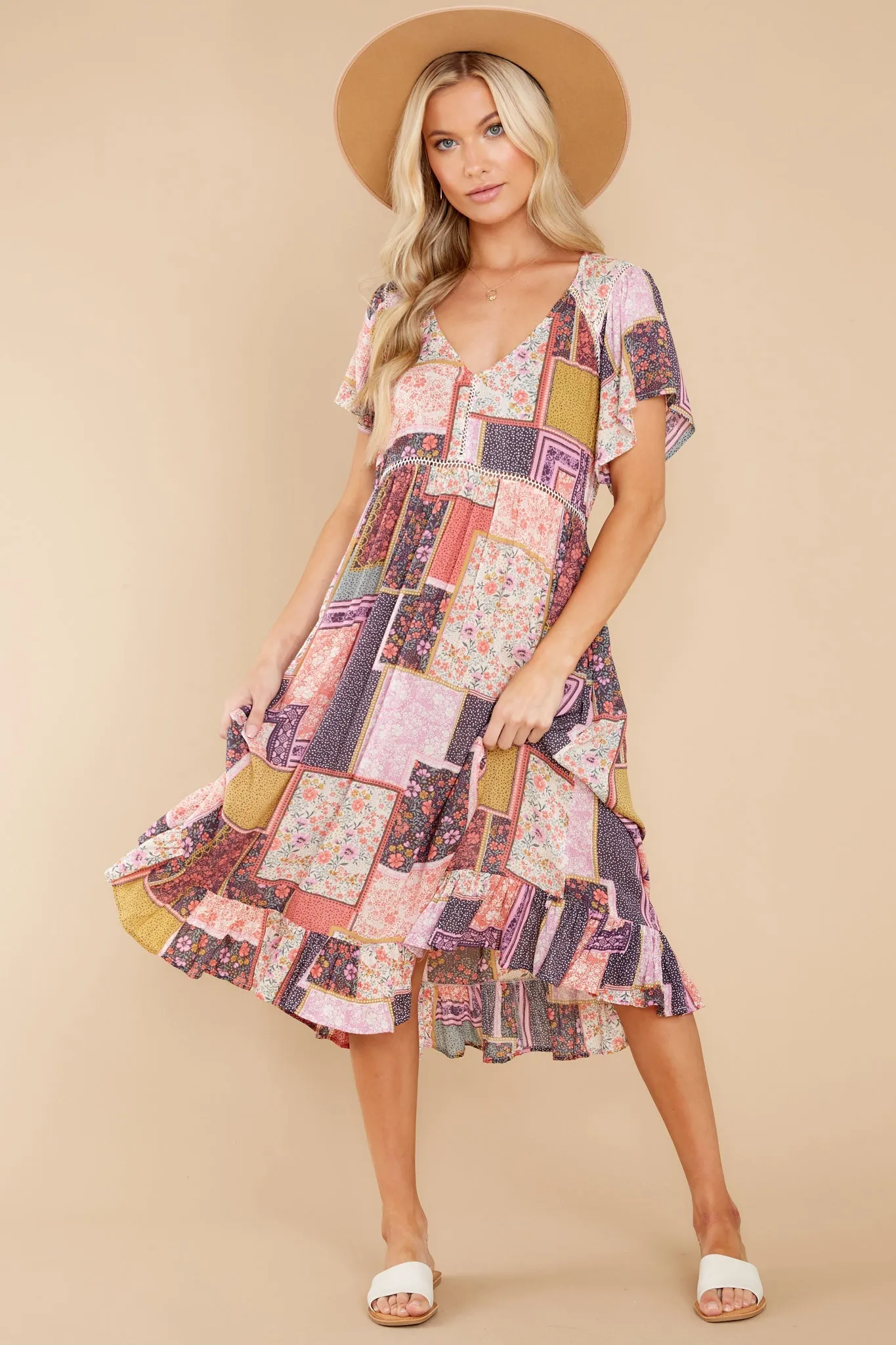 Full Of Wonder Pink Multi Print Midi Dress