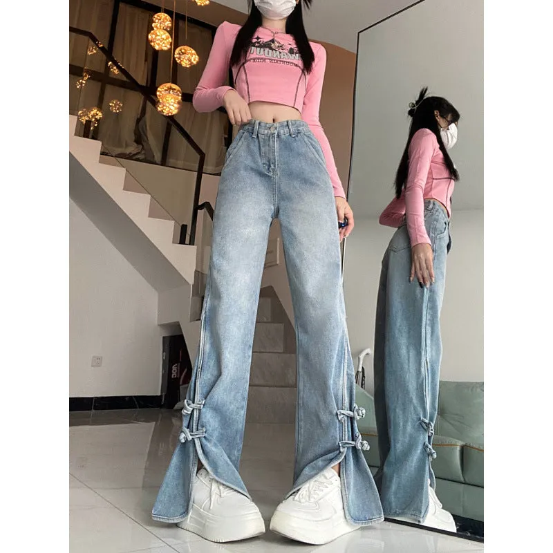 Girlary-shop 2000s fashion Retro High Waist Split Jeans for Women Spring and Autumn Trendy Ins New Slimming Wide Leg Pants