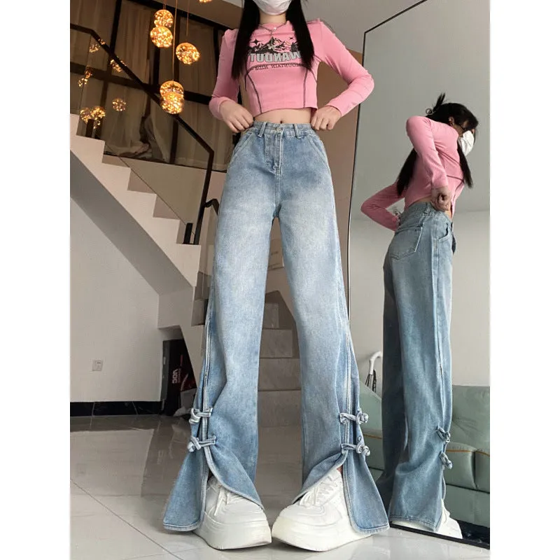 Girlary-shop 2000s fashion Retro High Waist Split Jeans for Women Spring and Autumn Trendy Ins New Slimming Wide Leg Pants