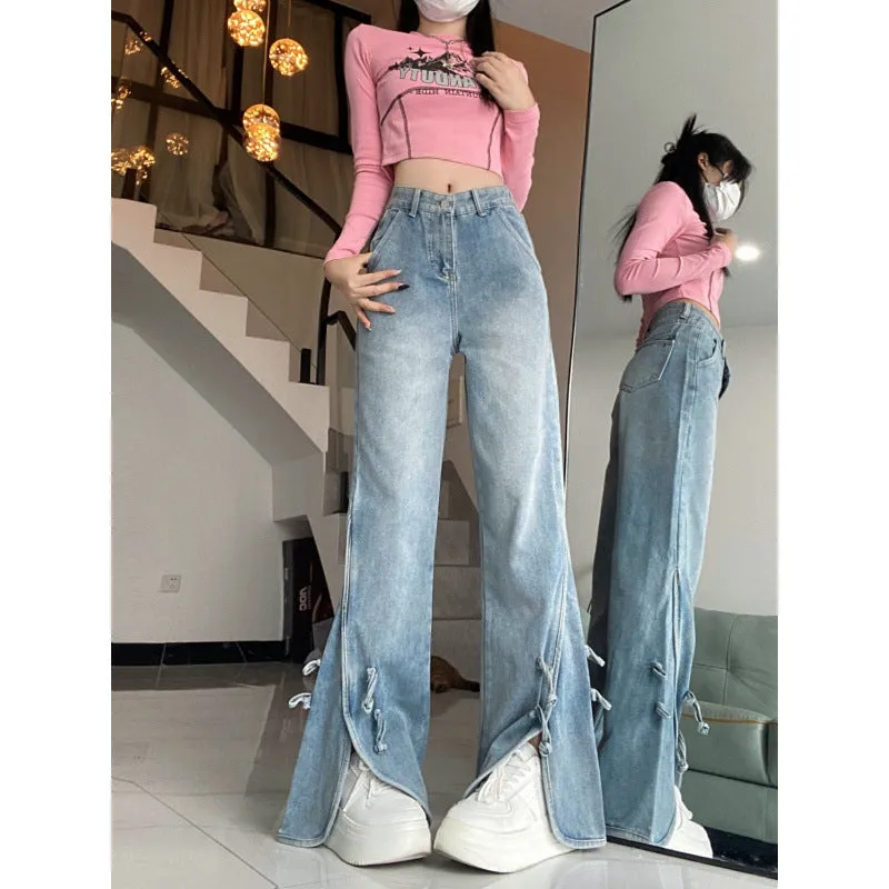 Girlary-shop 2000s fashion Retro High Waist Split Jeans for Women Spring and Autumn Trendy Ins New Slimming Wide Leg Pants