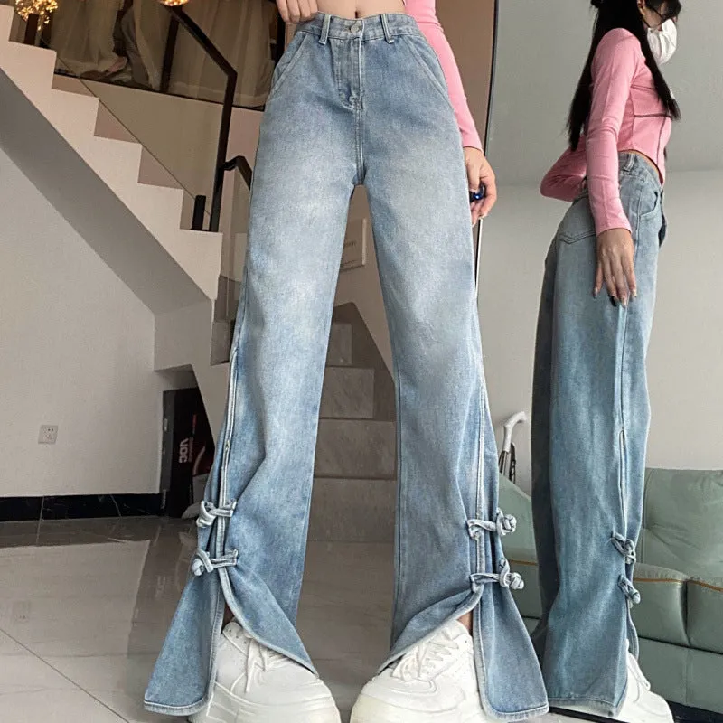 Girlary-shop 2000s fashion Retro High Waist Split Jeans for Women Spring and Autumn Trendy Ins New Slimming Wide Leg Pants