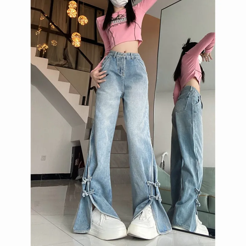 Girlary-shop 2000s fashion Retro High Waist Split Jeans for Women Spring and Autumn Trendy Ins New Slimming Wide Leg Pants