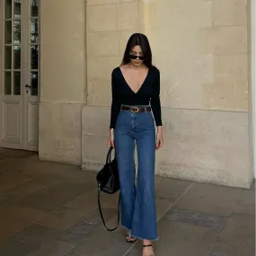 Girlary-shop date night outfit French Fashion High Waist Stretch Navy Style Micro Flared Jeans Women's Fashionable New Wide Leg Pants Trousers