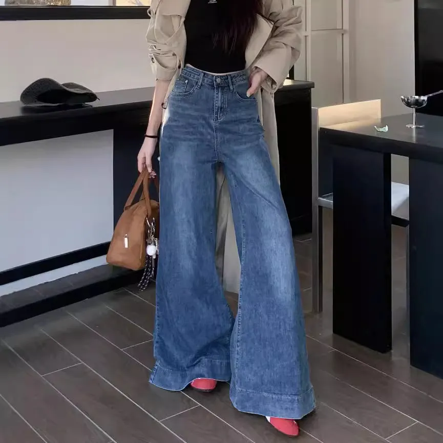 Girlary-shop fashion outfits Skinny High Waist Stretch Big Horn Hot Girl Jeans Women's Autumn New Loose Wide Leg Pants