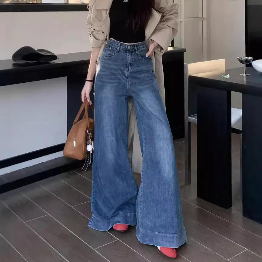 Girlary-shop fashion outfits Skinny High Waist Stretch Big Horn Hot Girl Jeans Women's Autumn New Loose Wide Leg Pants