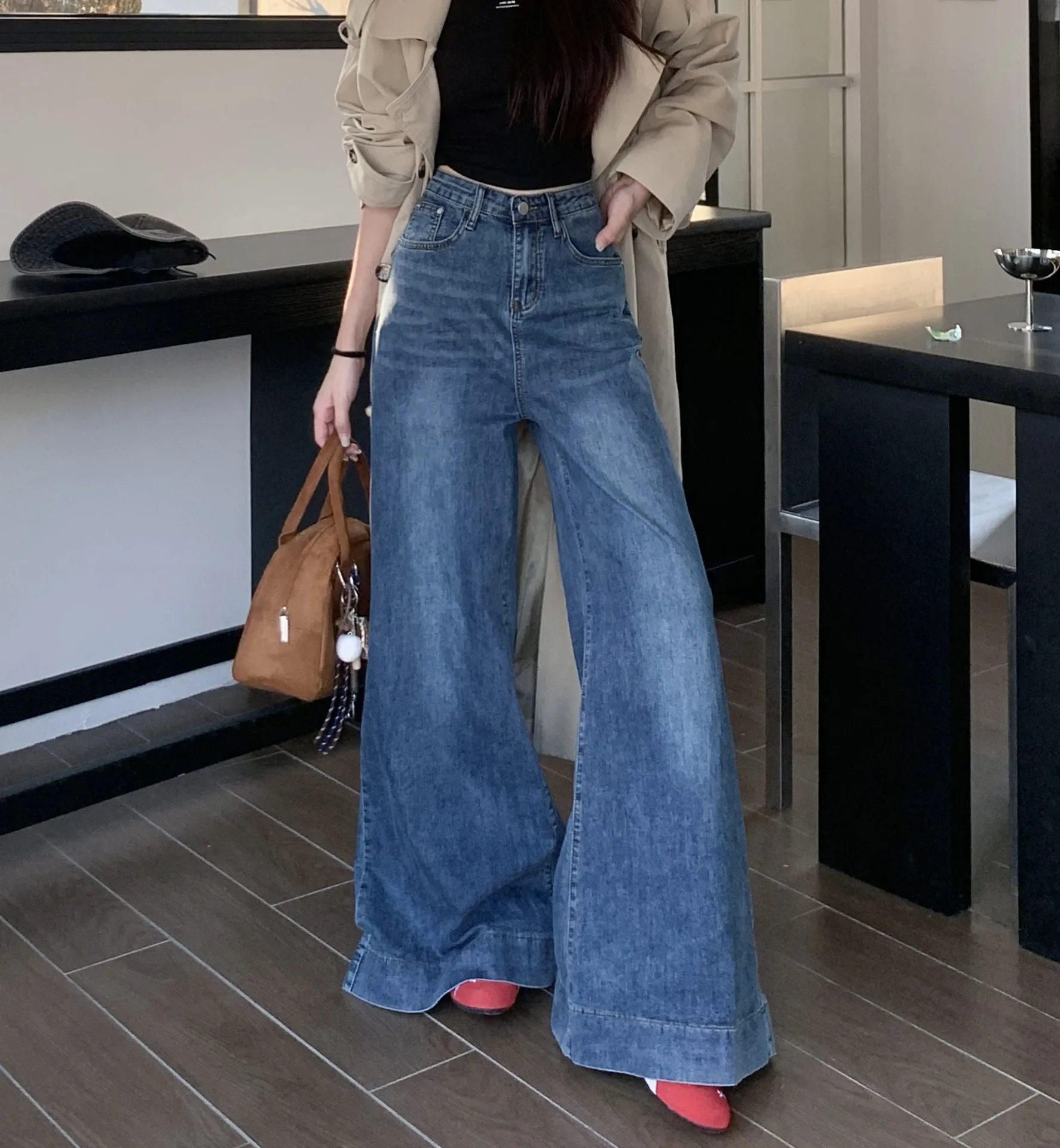 Girlary-shop fashion outfits Skinny High Waist Stretch Big Horn Hot Girl Jeans Women's Autumn New Loose Wide Leg Pants