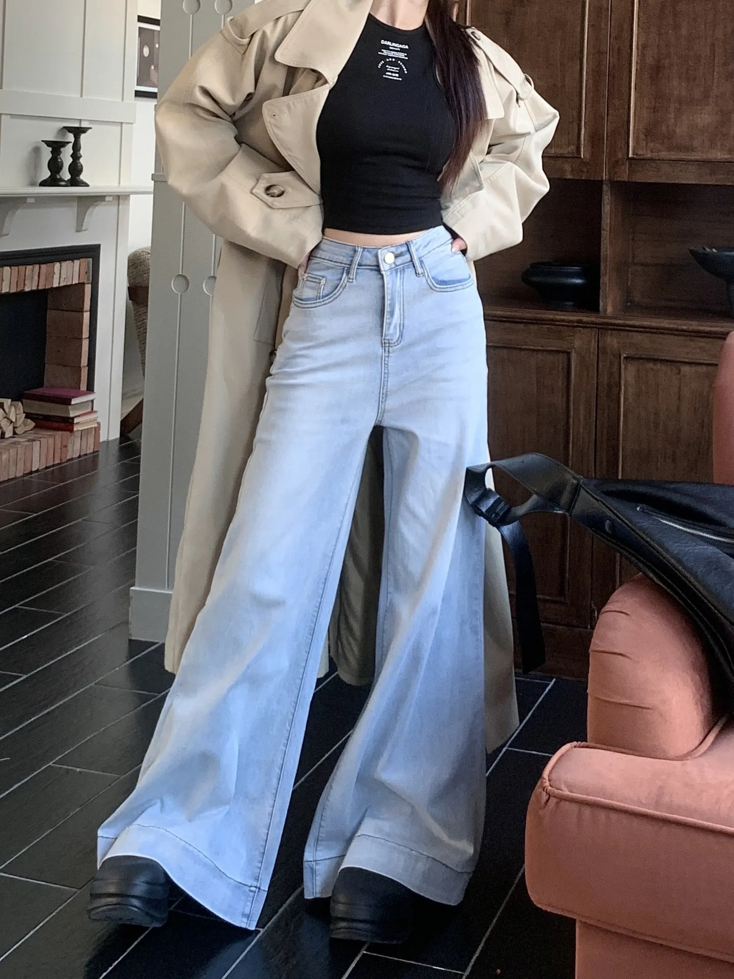 Girlary-shop fashion outfits Skinny High Waist Stretch Big Horn Hot Girl Jeans Women's Autumn New Loose Wide Leg Pants