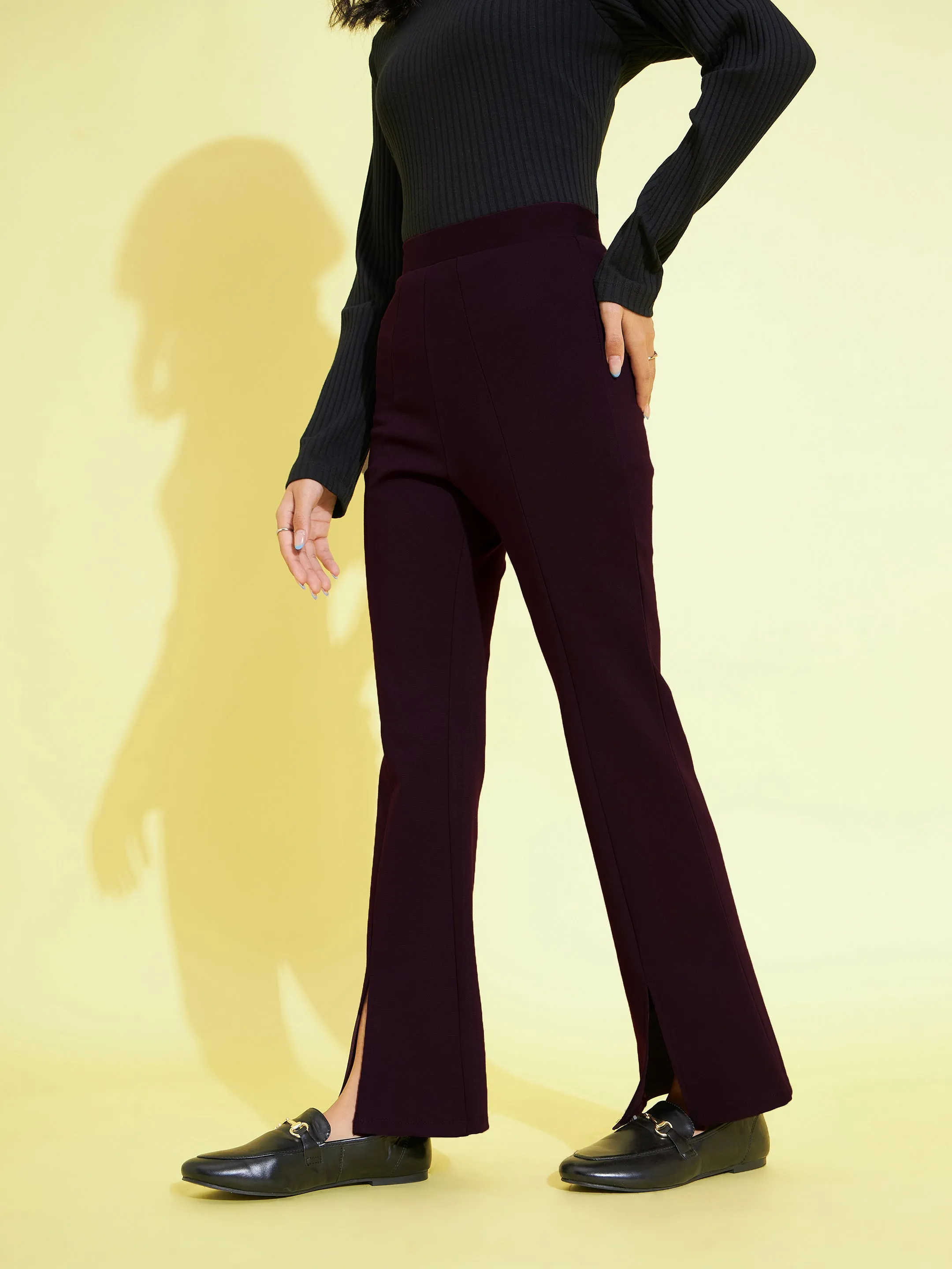 Girls Burgundy Front Slit Bell Bottom Pants - Lyush Kids