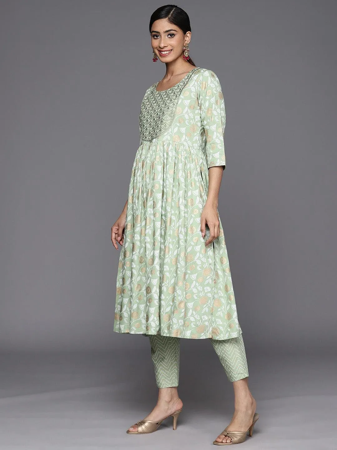 Green Yoke Design Rayon A-Line Kurta With Trousers & Dupatta