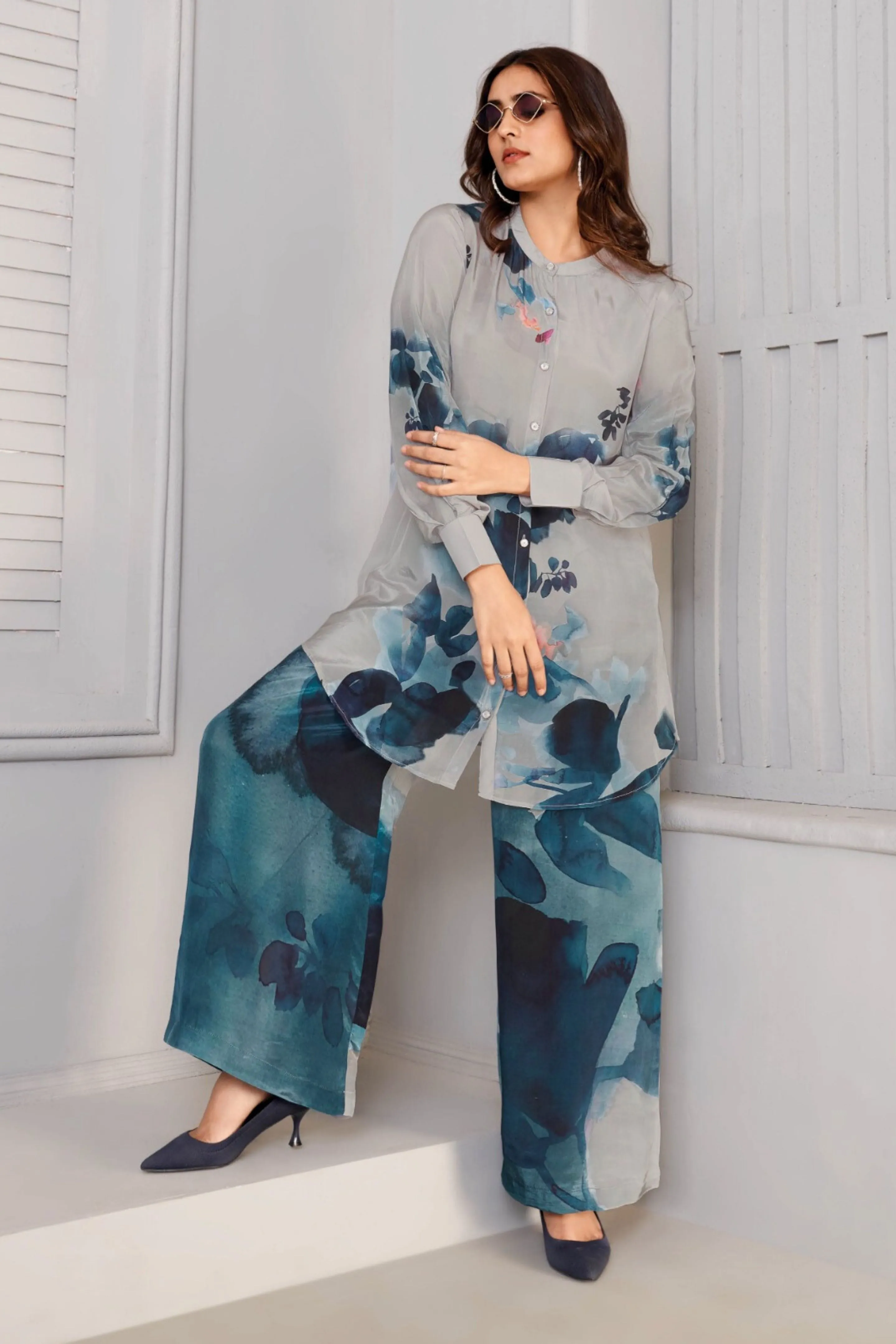 Grey Digital Printed Crepe Silk Co-Ord Set