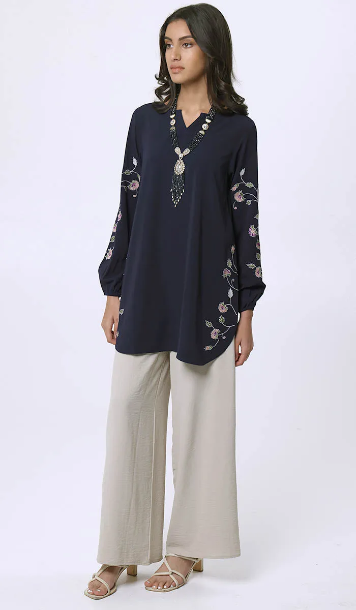 Hadeel Embroidered Long Modest Tunic - Navy