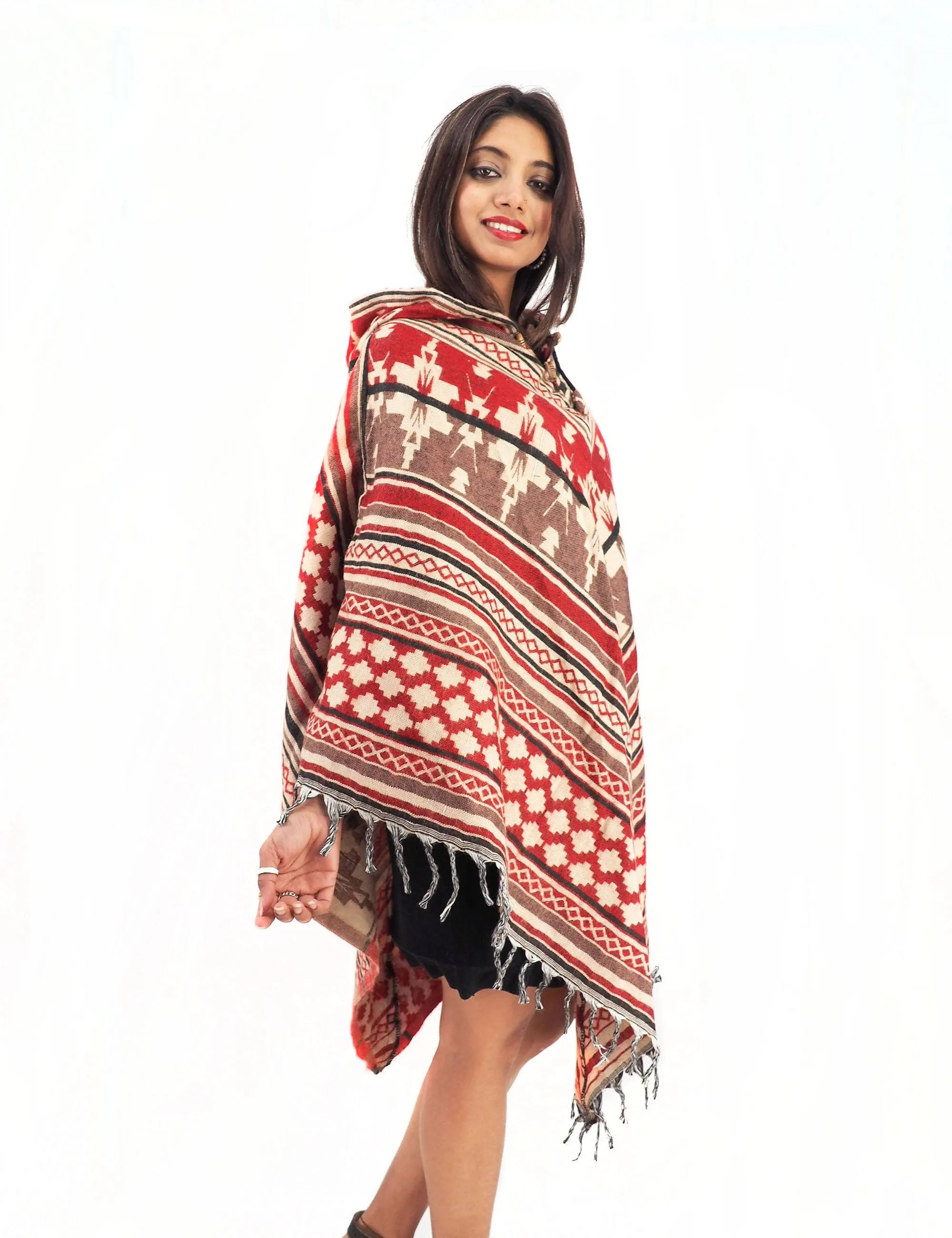 Handmade Hand Loomed Yak Wool Large Shawl Hooded Poncho 6194