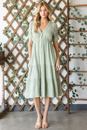 HEYSON Full Size Lilac Breeze Gauze Button Front Midi Dress in Sage