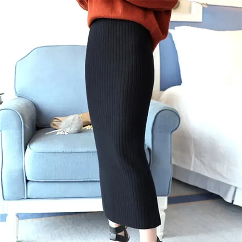 High Quality Woolen Slim Belt Office Midi Skirt