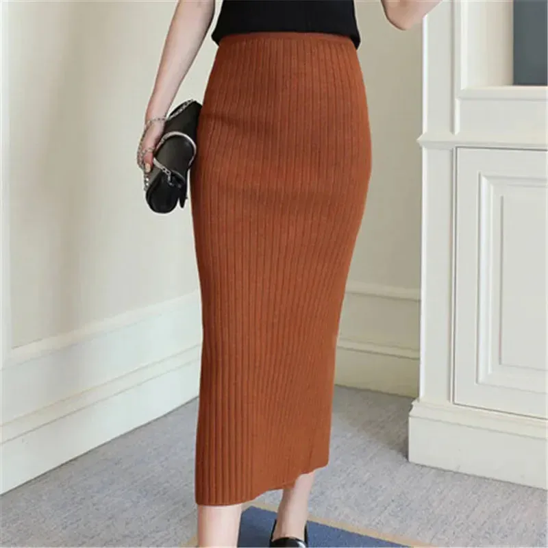 High Quality Woolen Slim Belt Office Midi Skirt