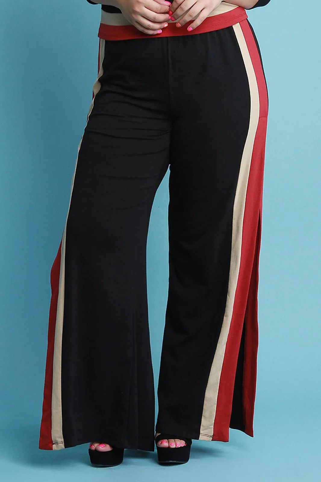 High Waisted Colorblock Side Slit Flared Pants