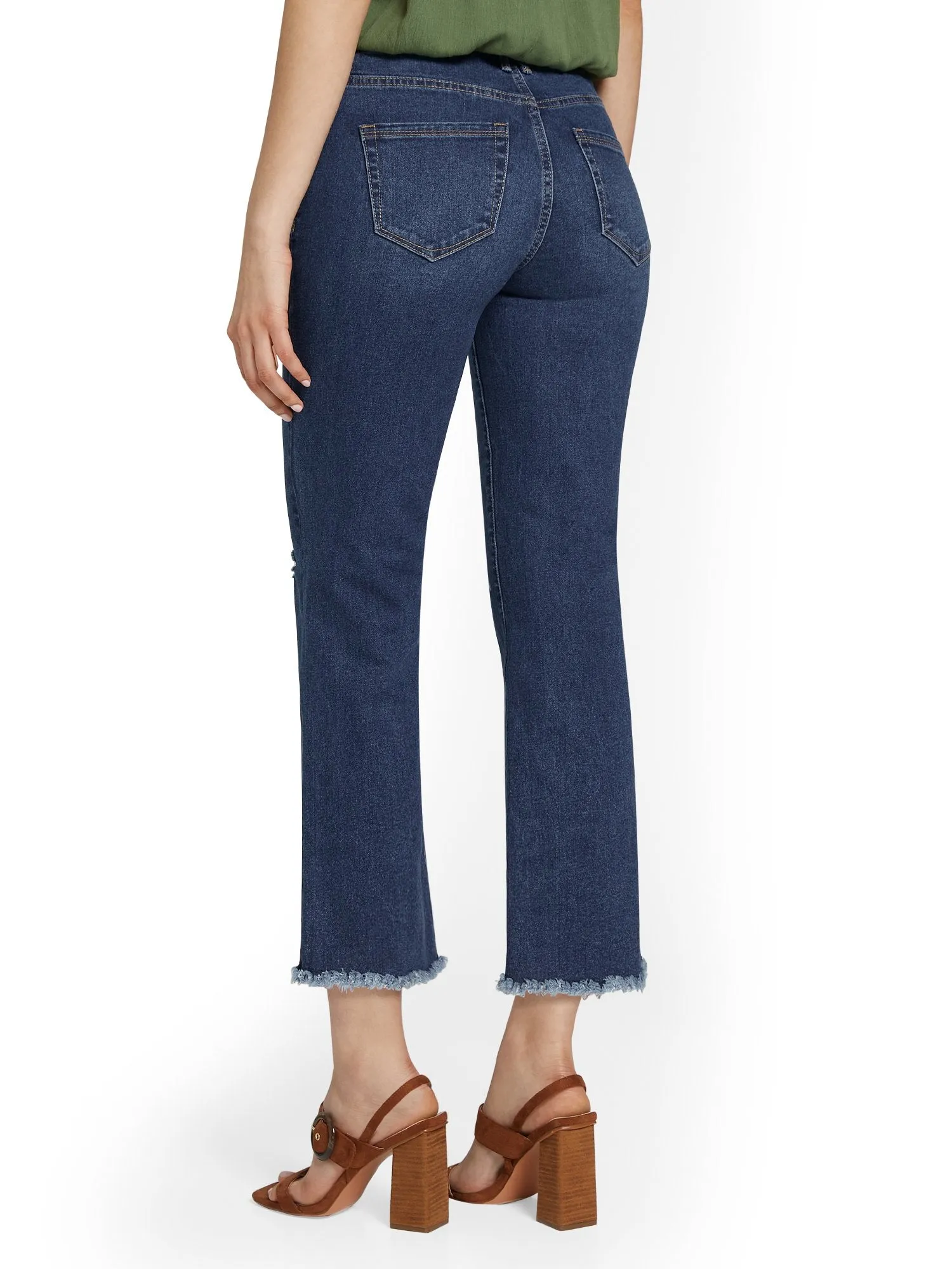 High-Waisted Flare Capri Jeans - Dark Blue Wash