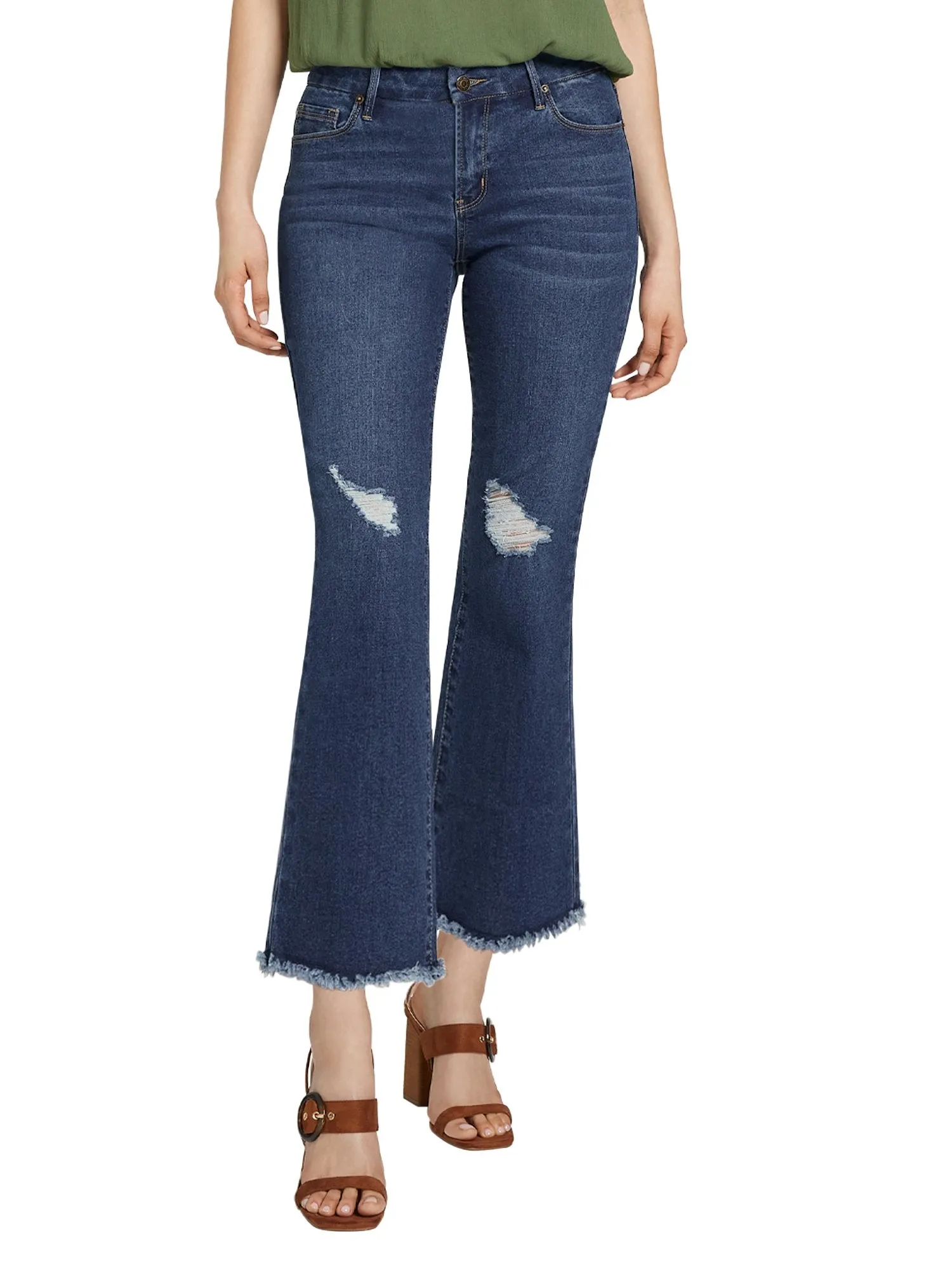 High-Waisted Flare Capri Jeans - Dark Blue Wash