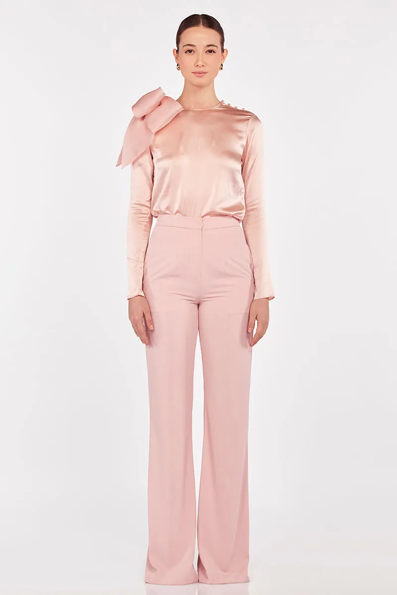 High Waisted Flare Leg Trousers in Blush Pink