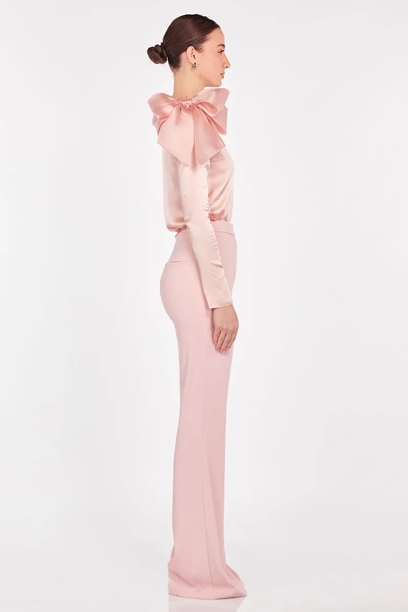 High Waisted Flare Leg Trousers in Blush Pink