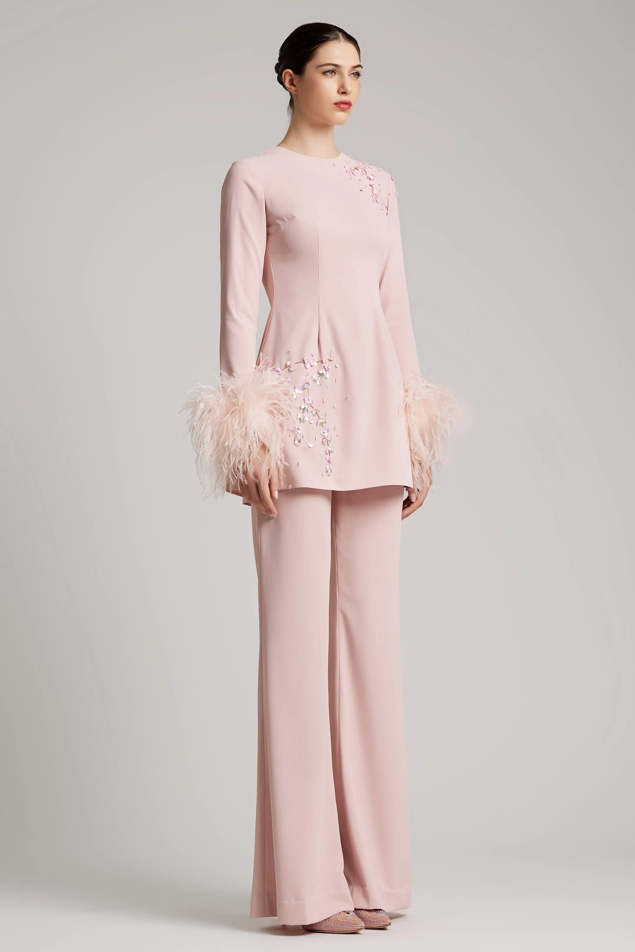 High Waisted Flare Leg Trousers in Blush Pink