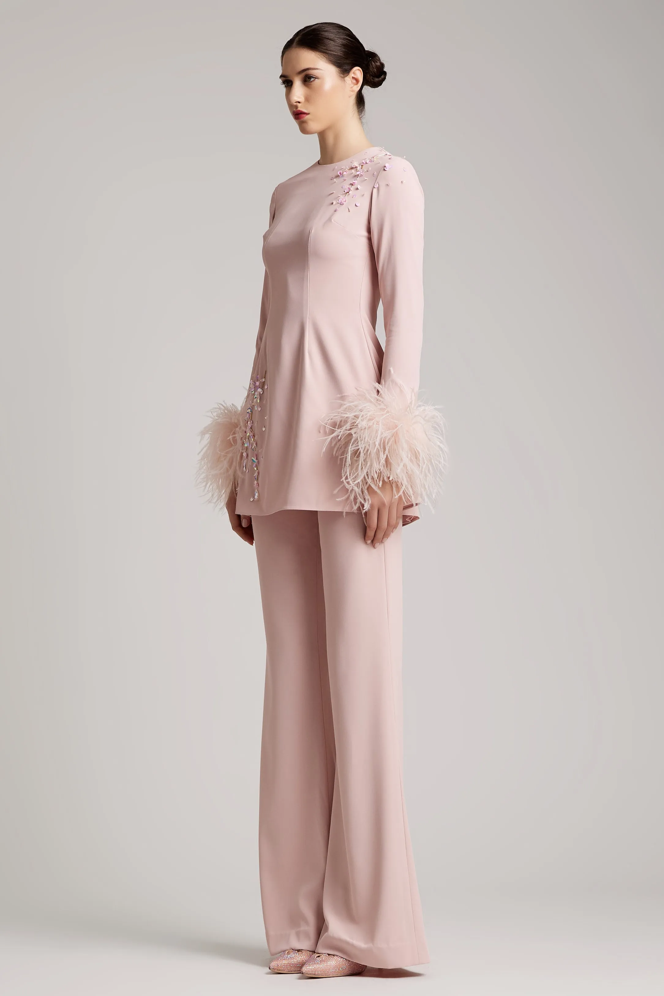 High Waisted Flare Leg Trousers in Blush Pink