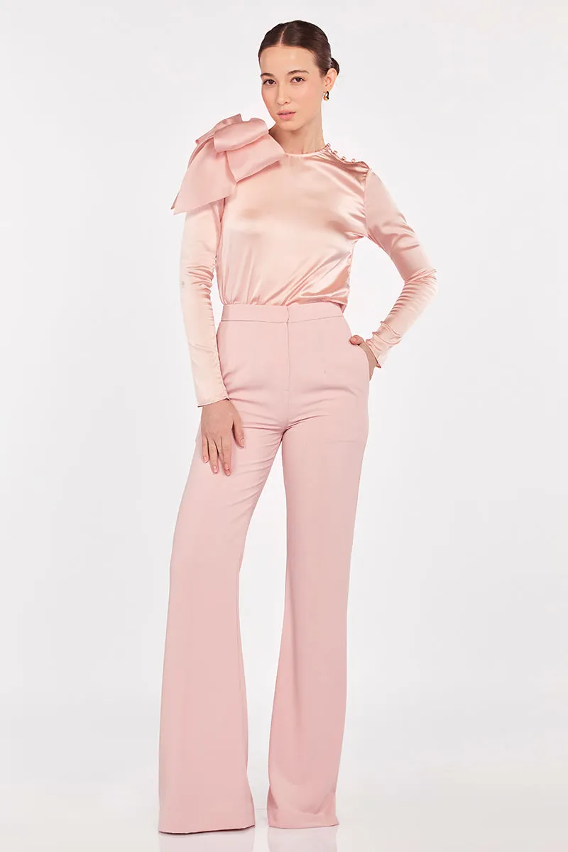 High Waisted Flare Leg Trousers in Blush Pink