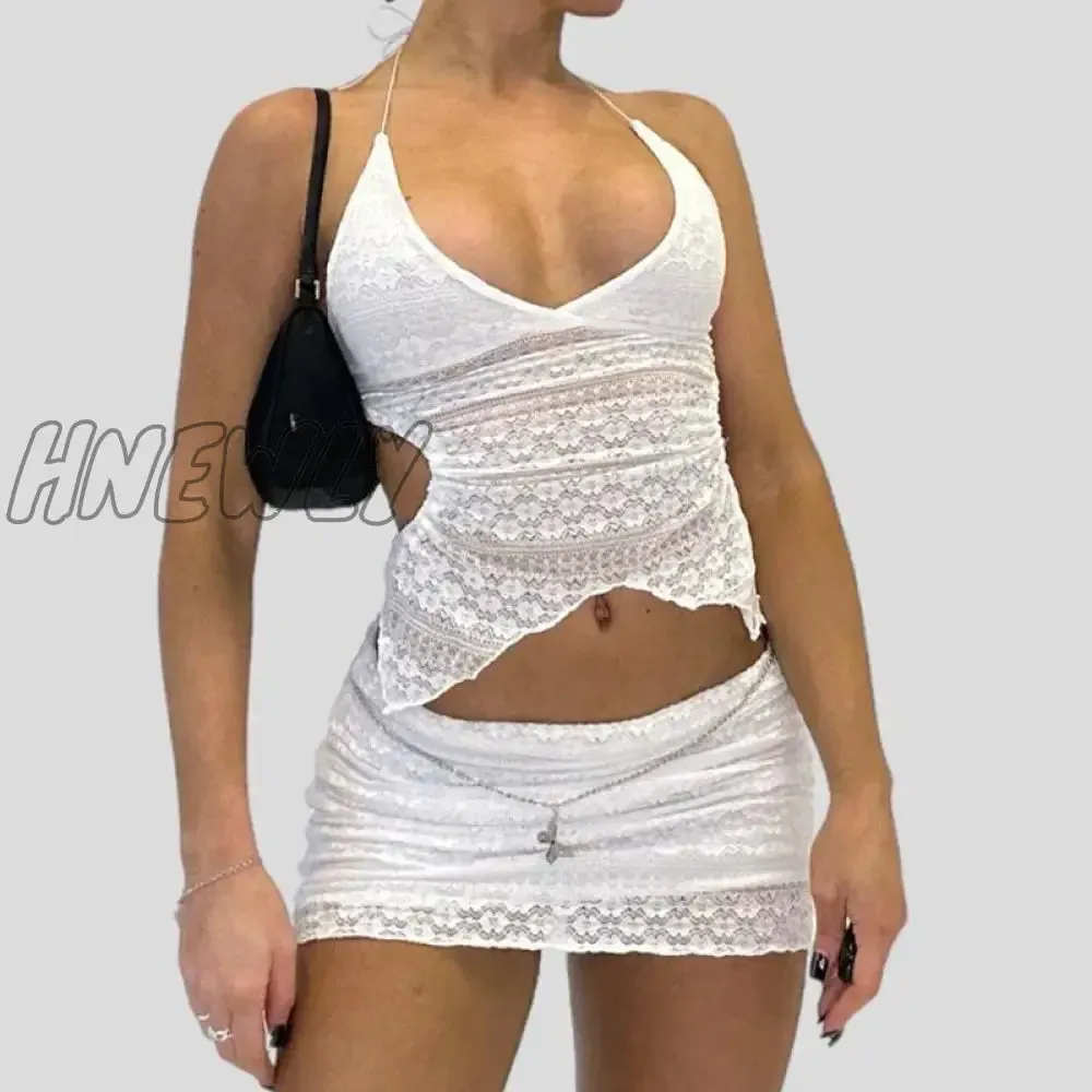 Hnewly Two Piece Set Chic Women V Neck Halter Camis Tops Sexy Chest Wrap Backless Tie Up Bandage Crop Tops   Mini Pencil Skirt White