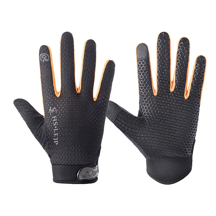 HSLEJP Outdoor Sports Breathable Touch Screen Antiskid Cycling Full Finger Gloves, Size: L(Black Orange)