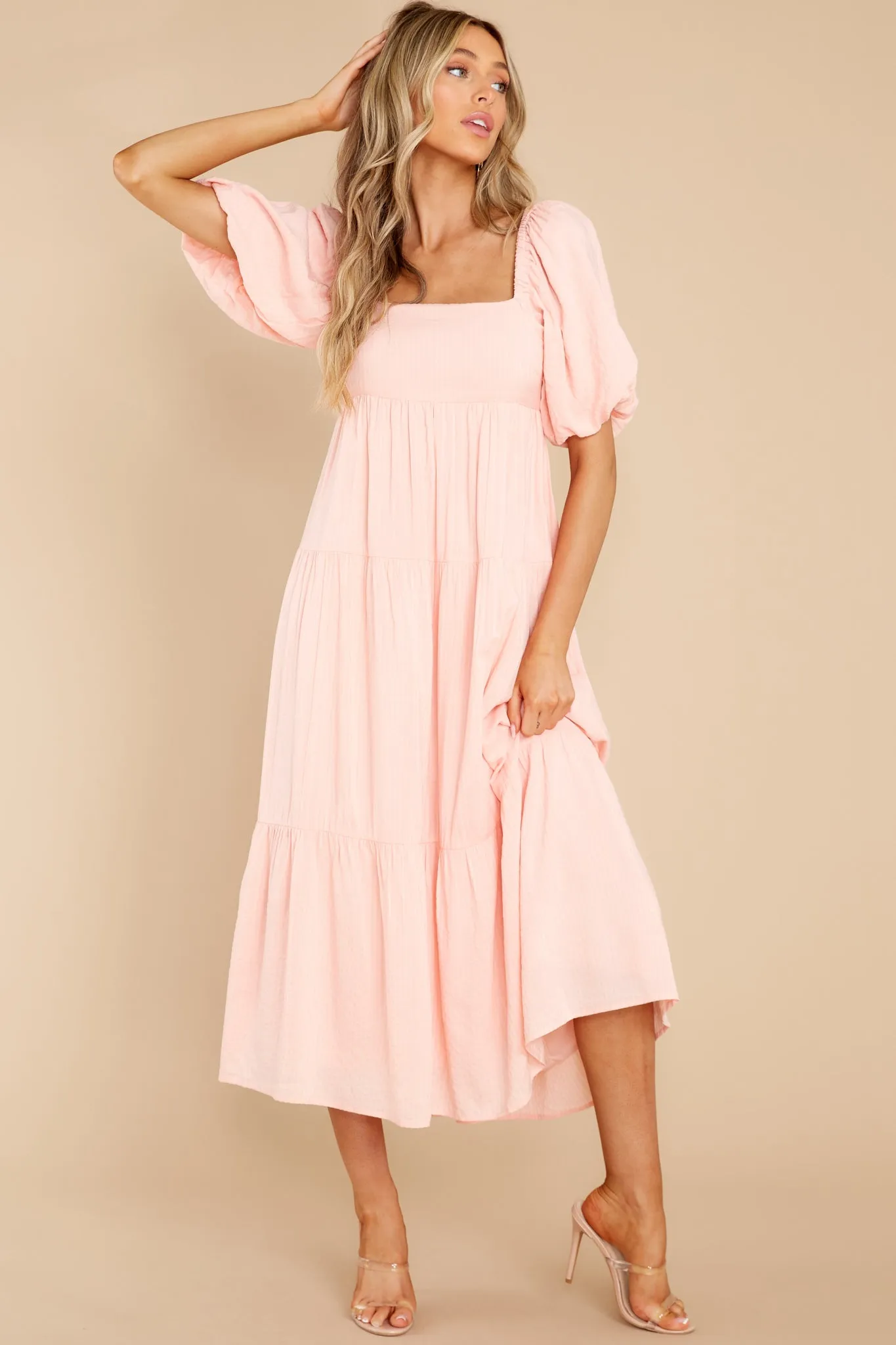 Iluka Peach Puff Sleeve Midi Dress