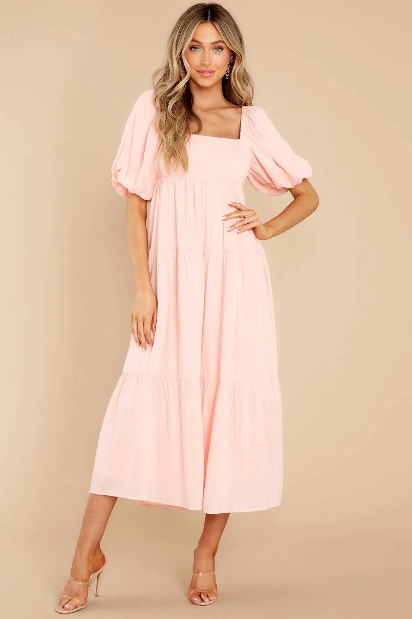 Iluka Peach Puff Sleeve Midi Dress