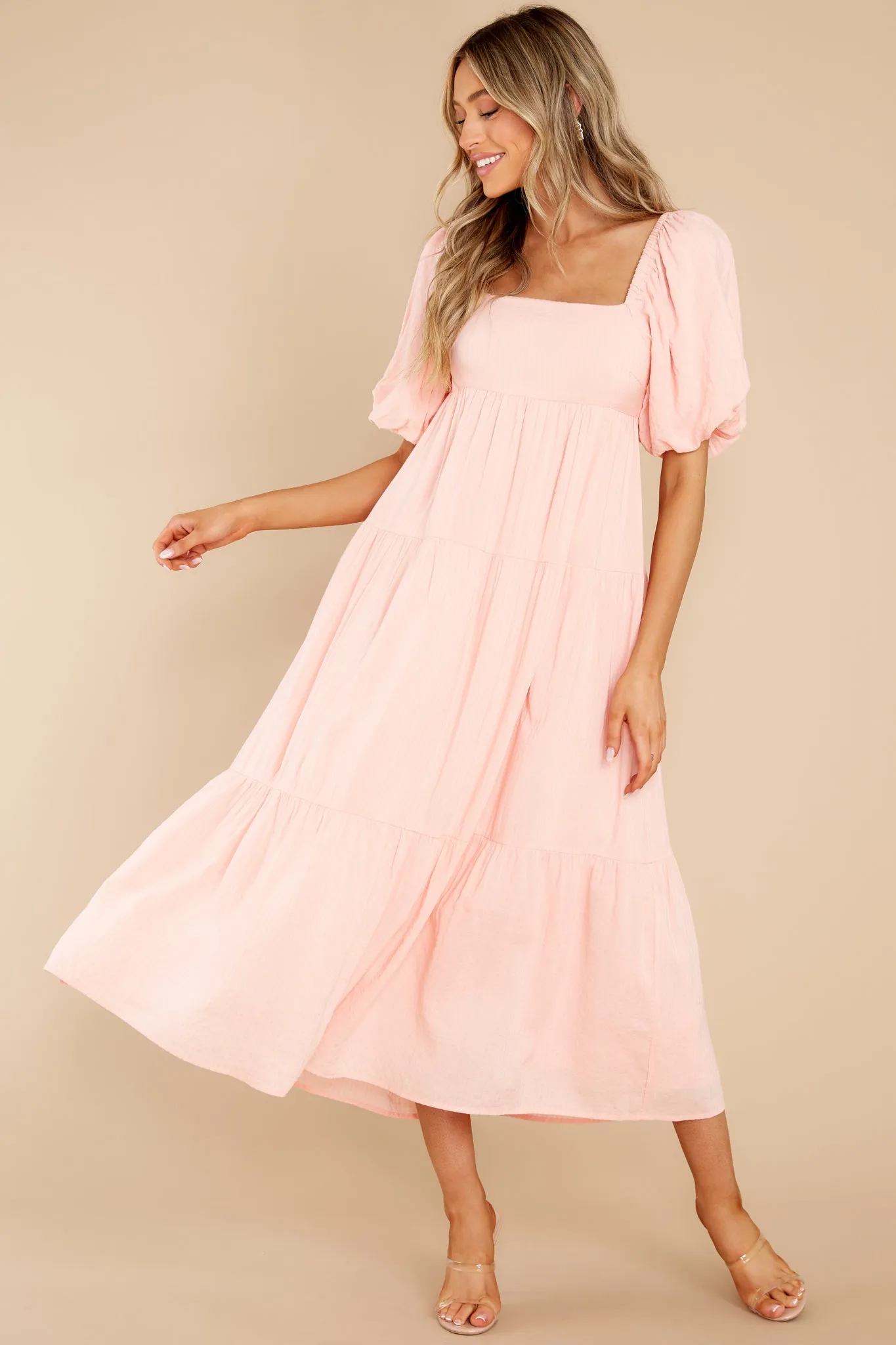 Iluka Peach Puff Sleeve Midi Dress