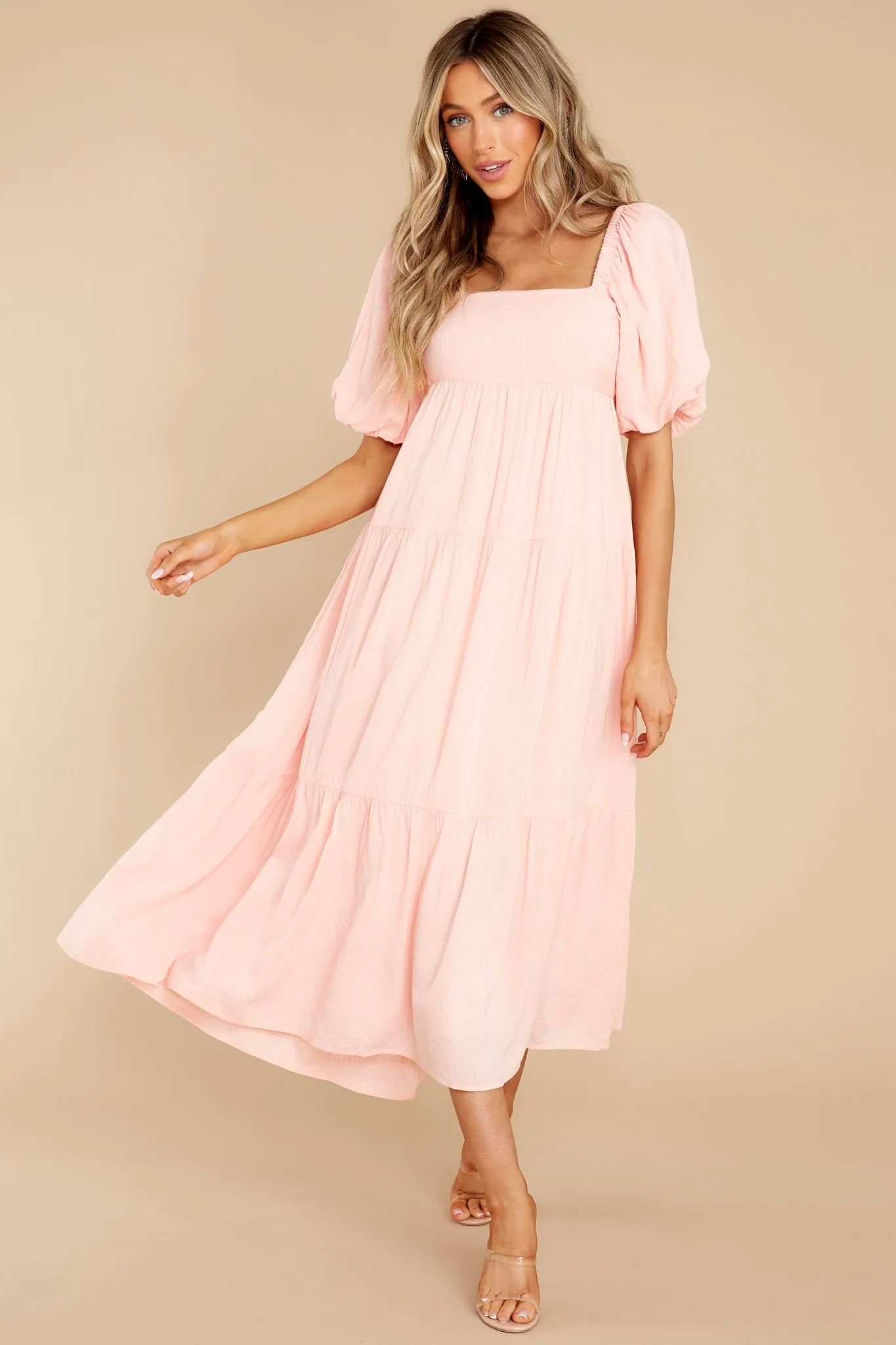 Iluka Peach Puff Sleeve Midi Dress