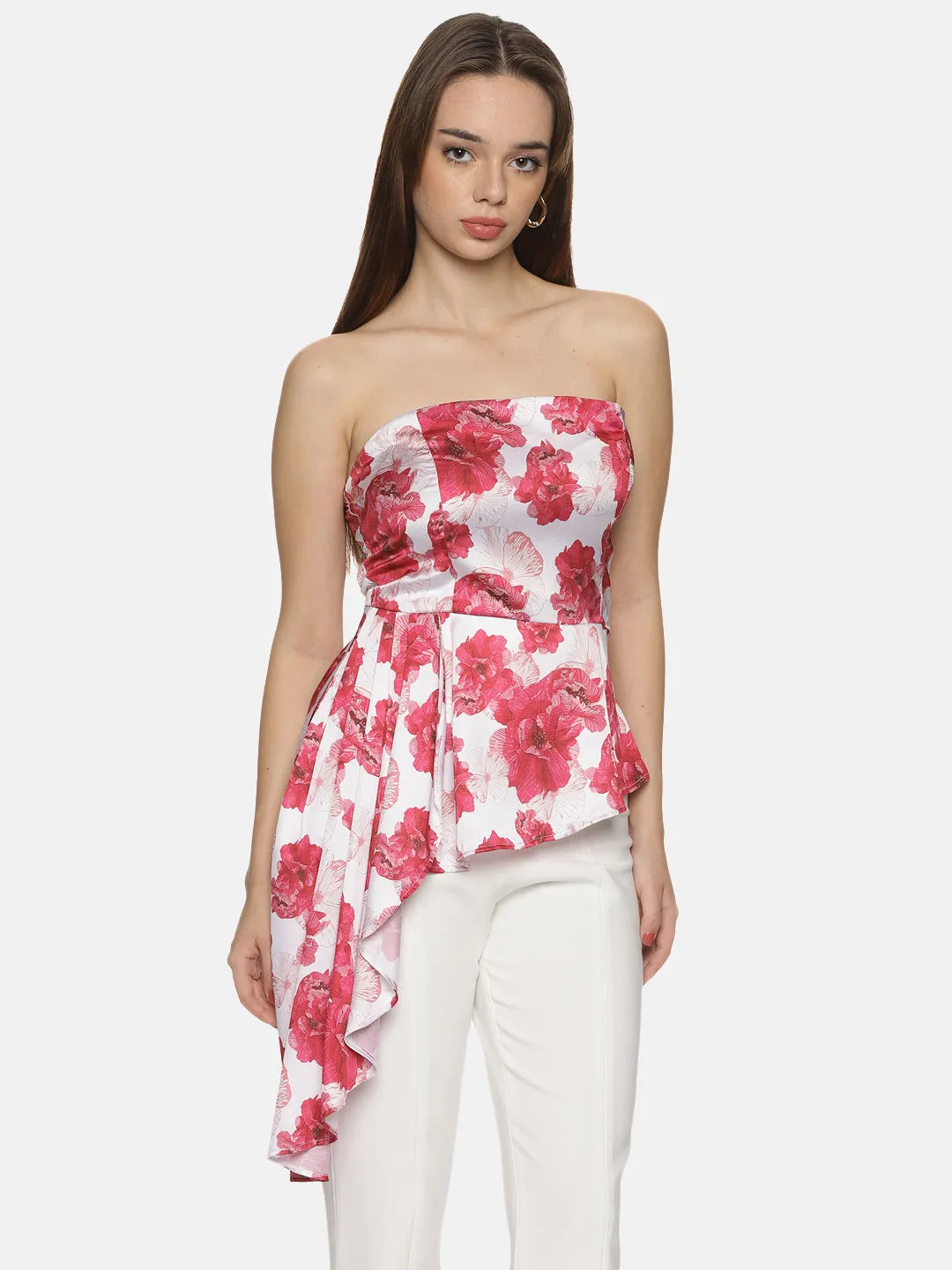 IS.U Floral White Flared Bandeau Top