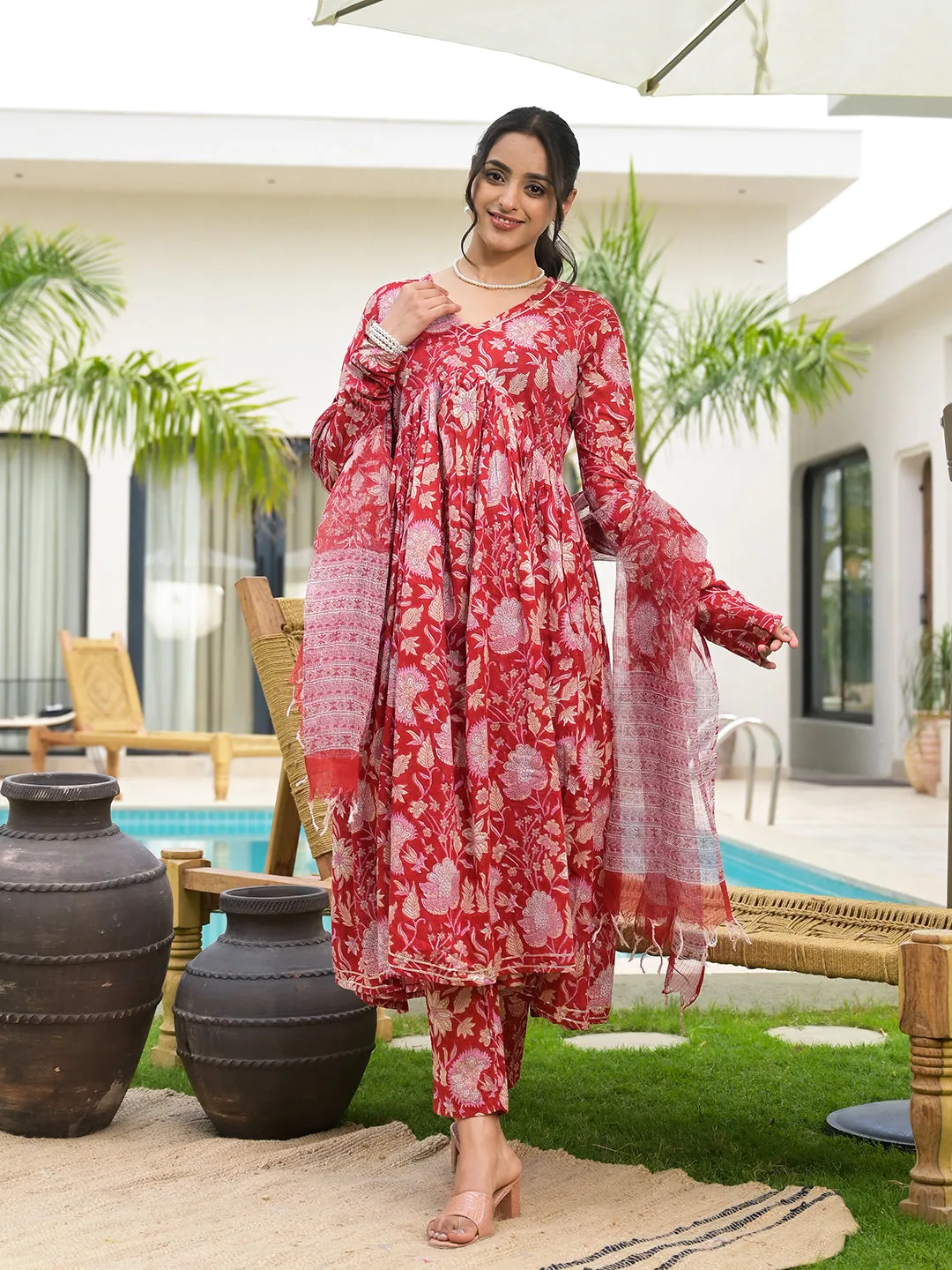 Jashvi Floral Printed Red Cotton Alia Cut Kurta Set for women